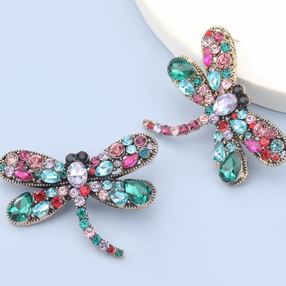 Colorful Rhinestone Dragonfly Earrings - Picture 2 of 7